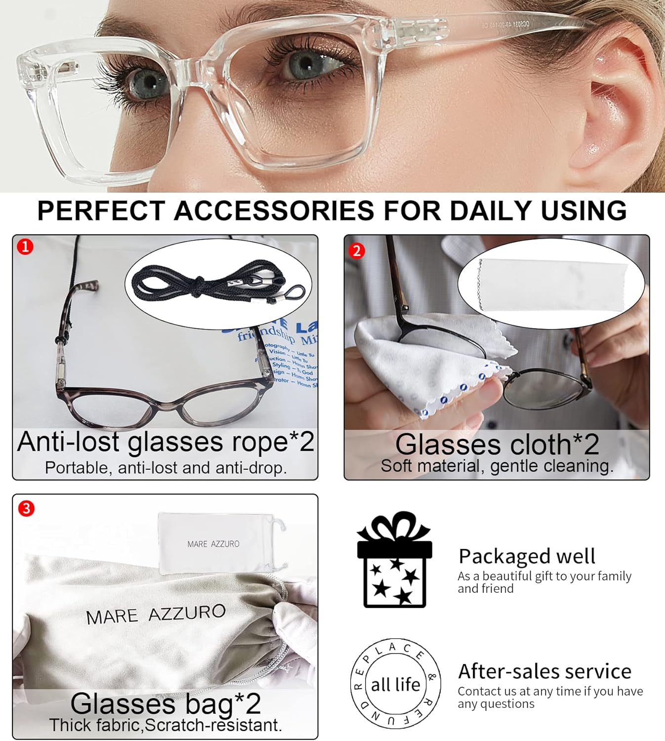 MARE AZZURO 2 pares de anteojos de lectura 2.00 para mujer, elegantes lectores de gran tamaño 100, 150, 200, 250, 300, 350 (transparente, 2.0)