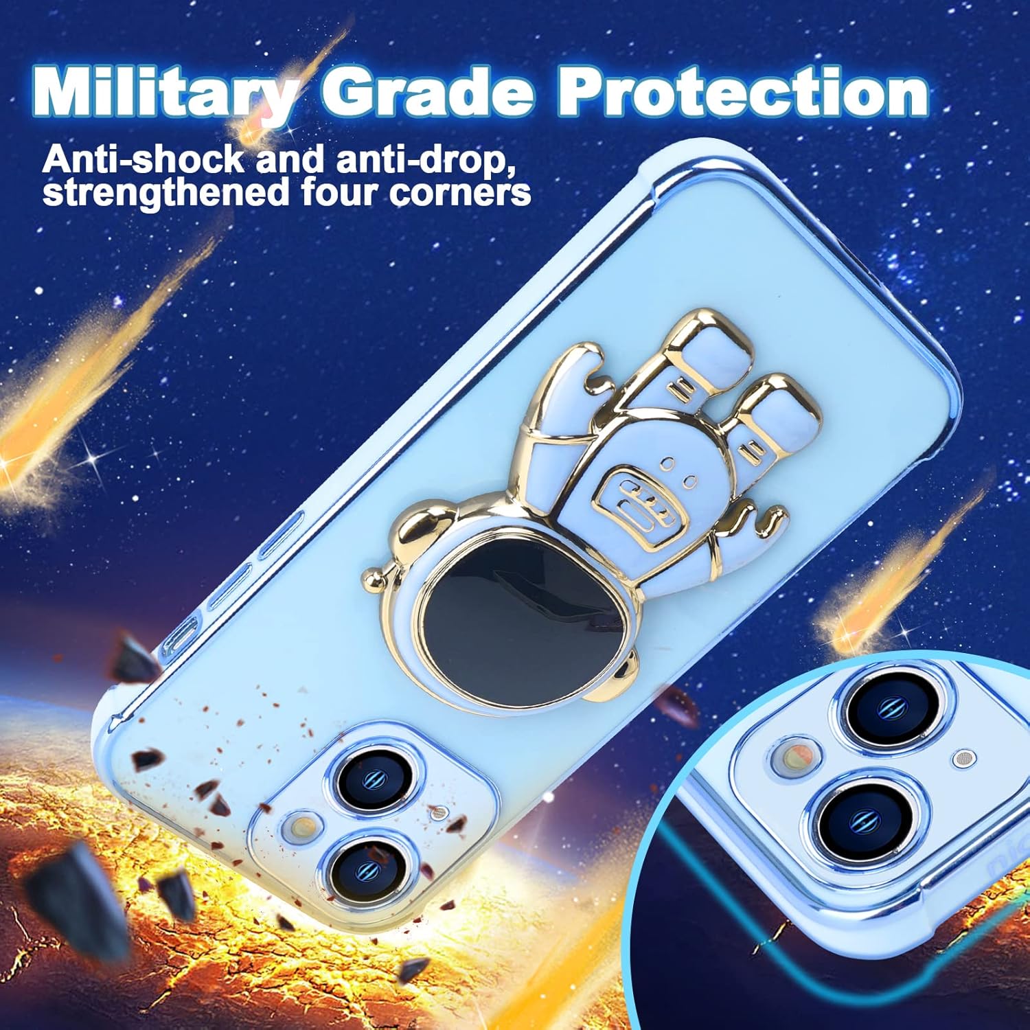 Omio – Funda compatible con iPhone 15 con soporte oculto de astronauta, funda de lujo chapado en corazón con borde lateral, pequeño patrón de amor