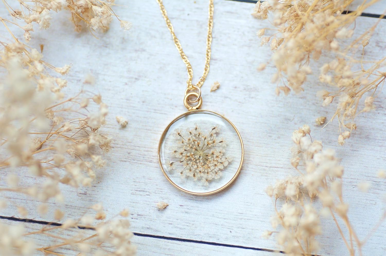 Olive Bella Handmade Pressed White Flower Necklace for Women Queen Anne’s Lace 14k Gold Filled Chain 18 inches