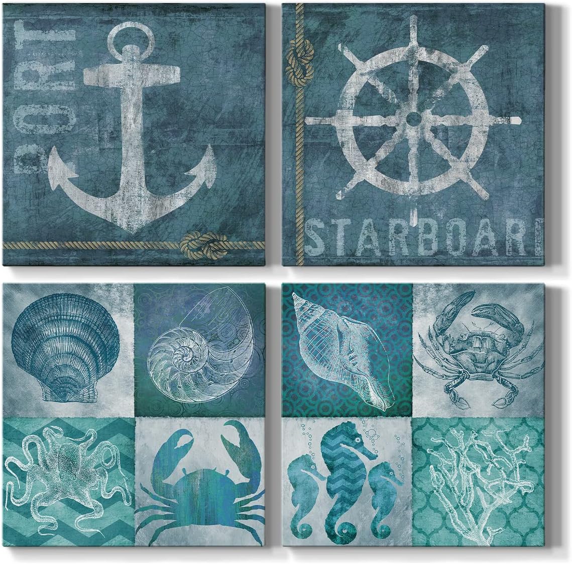 Lienzo decorativo para pared de baño, impresiones náuticas de animales marinos, arte de pared azul marino, 12 x 12 pulgadas, juego de 4 pinturas