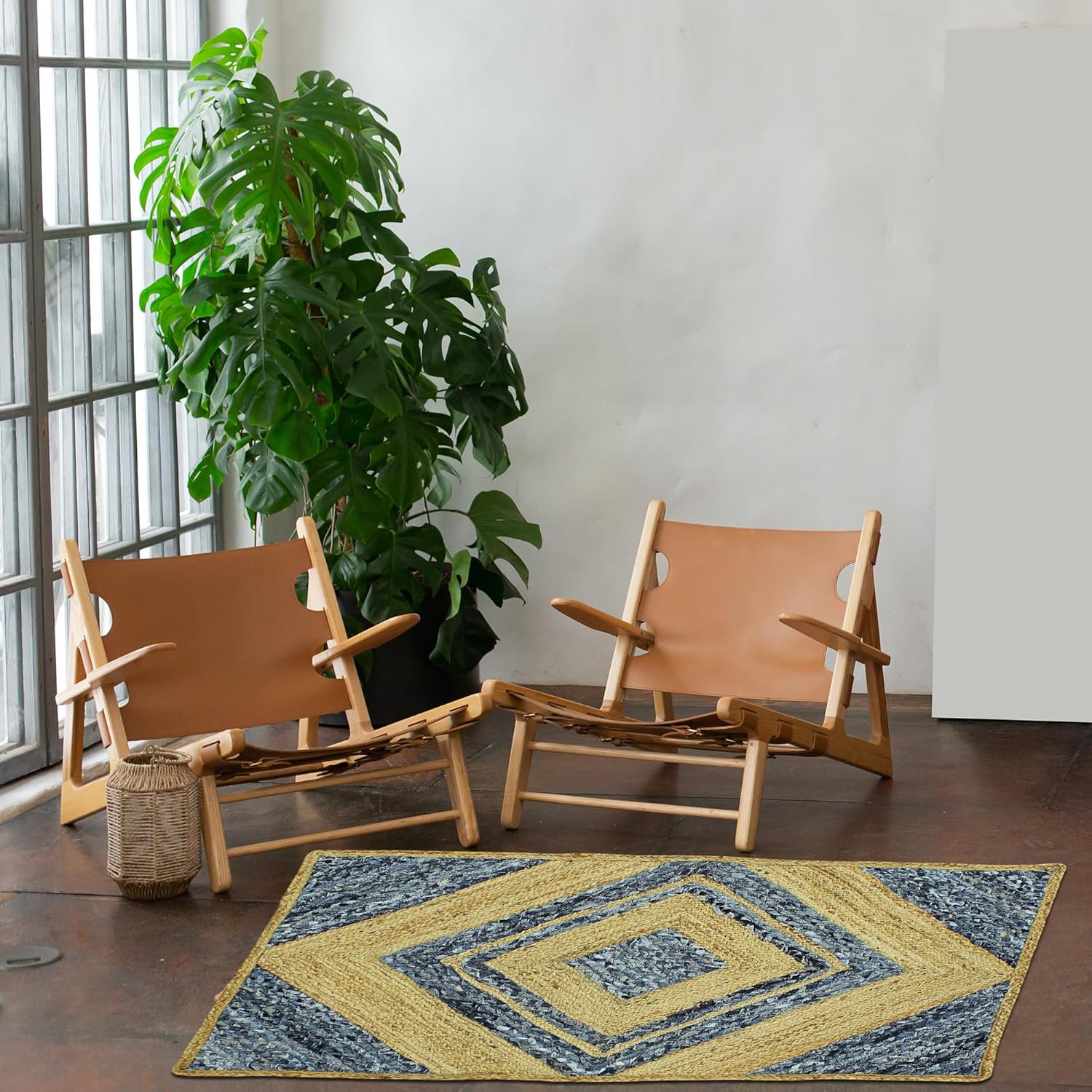 Collection – Alfombra rectangular de 6 x 9 pies, alfombra trenzada azul de algodón y yute, alfombra geométrica kilim para interiores y exteriores,