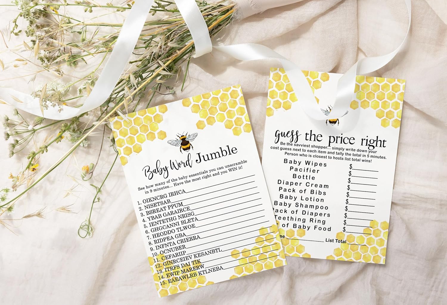 Bumblebee – Juego de baby shower para 25 invitados, juego de 4 juegos de doble cara que conoce a mamá, Word Scramble, juego de nombre de bebé,