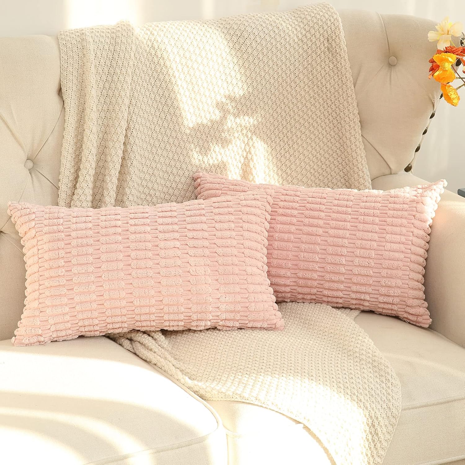 Hckot Juego de 2 fundas de almohada decorativas rosas de 12 x 20 pulgadas  12.0 x 20.0 in., de pana suave, para sala de estar, sofá, cama, estilo