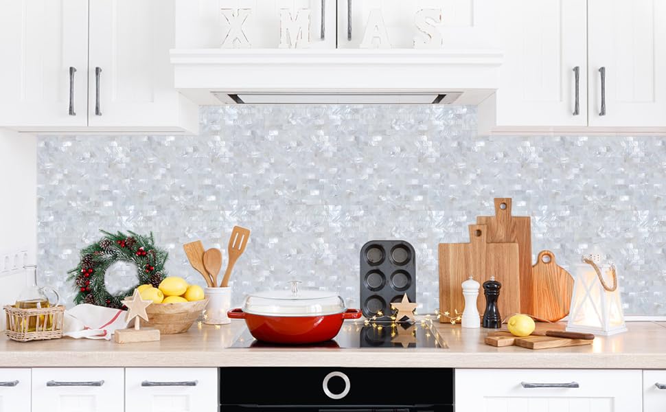 10 hojas de mosaico para salpicaduras de nácar de madrepera, para pegar en muro para cocina, baño, dormitorio (blanco, 12 x 12 pulgadas)