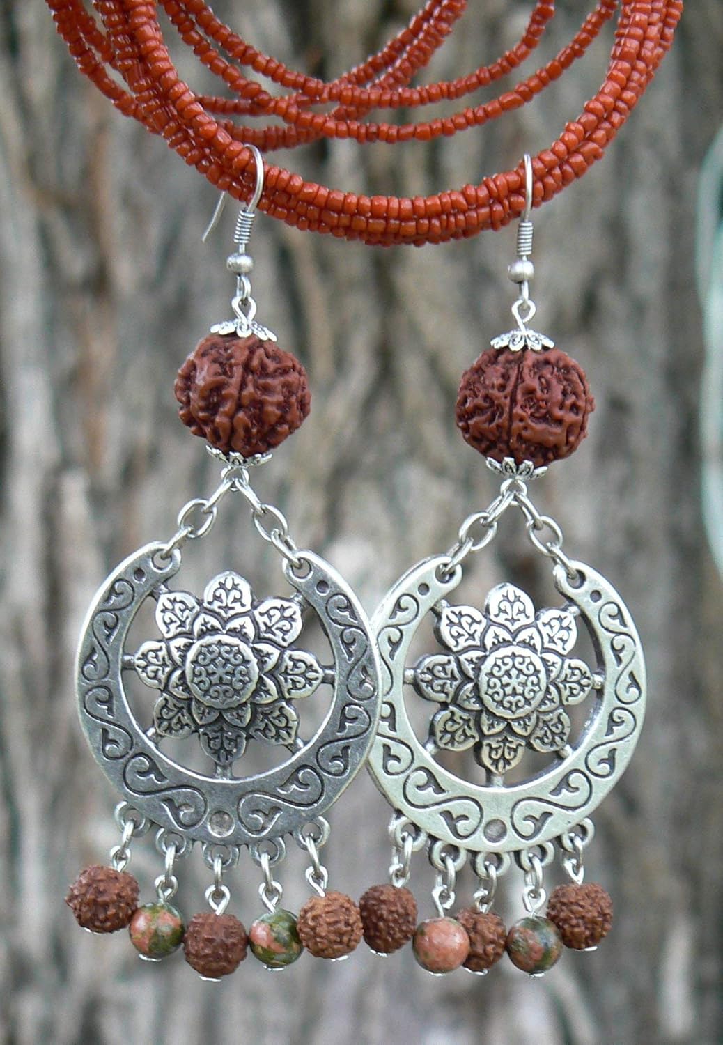 Mandala Earrings with Rudraksha Beads and Unakite Stones – Handmade, Shakti flower, Real 5 Mukhi Rudraksh Seed, Saraswati Festival Jewelry, Hippie