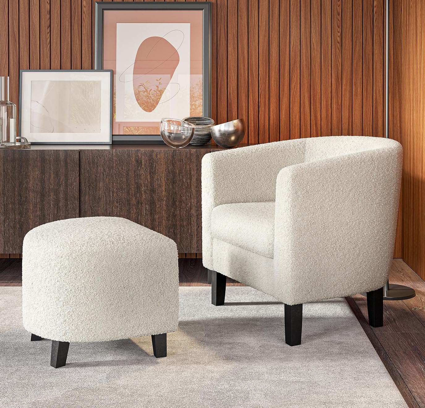 BELLEZE Lydia – Silla decorativa con otomana, silla de sala de estar con respaldo curvo, elegante juego de silla de club y reposapiés, silla de