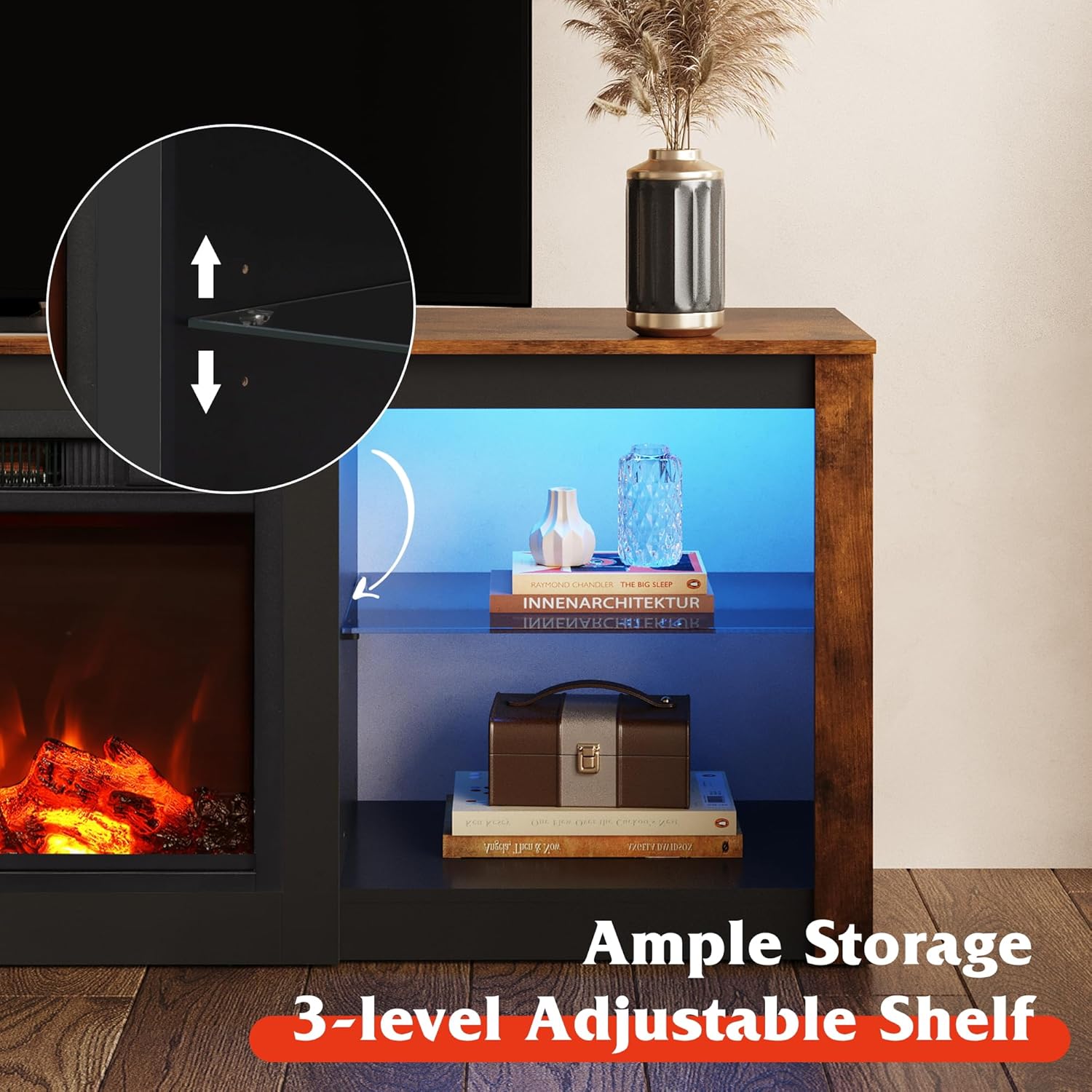 WLIVE Soporte de TV con chimenea para televisores de hasta 65 pulgadas, consola de TV con chimenea eléctrica con luces LED, soporte de TV moderno
