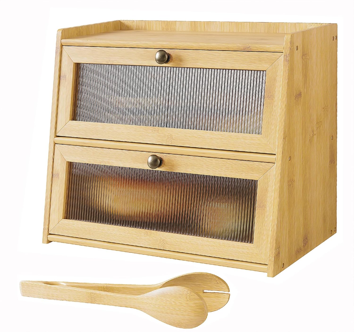 K KELBEL Panera para encimera de cocina, contenedor de almacenamiento de pan de bambú de doble capa de madera de gran capacidad con soporte para pan