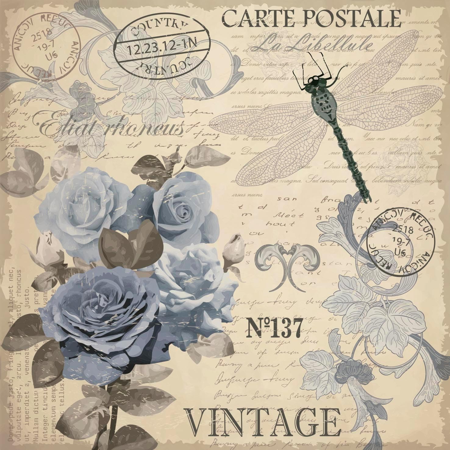 Servilletas de papel de rosas, 40 unidades, diseño de rosas postales, para decoupage, rosas azules vintage en papel de seda de flor de lis,