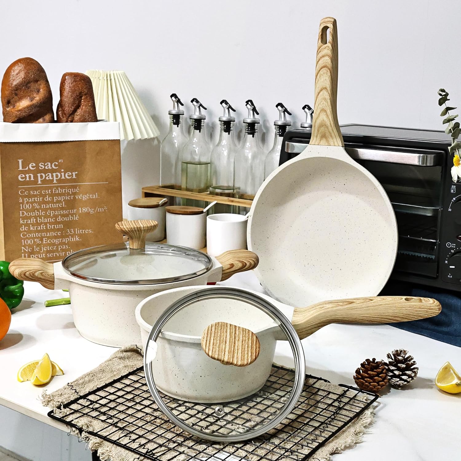 Wodillo Juego de ollas y sartenes antiadherentes, juego de utensilios de cocina de inducción beige, sartén saludable antiadherente para saltear y