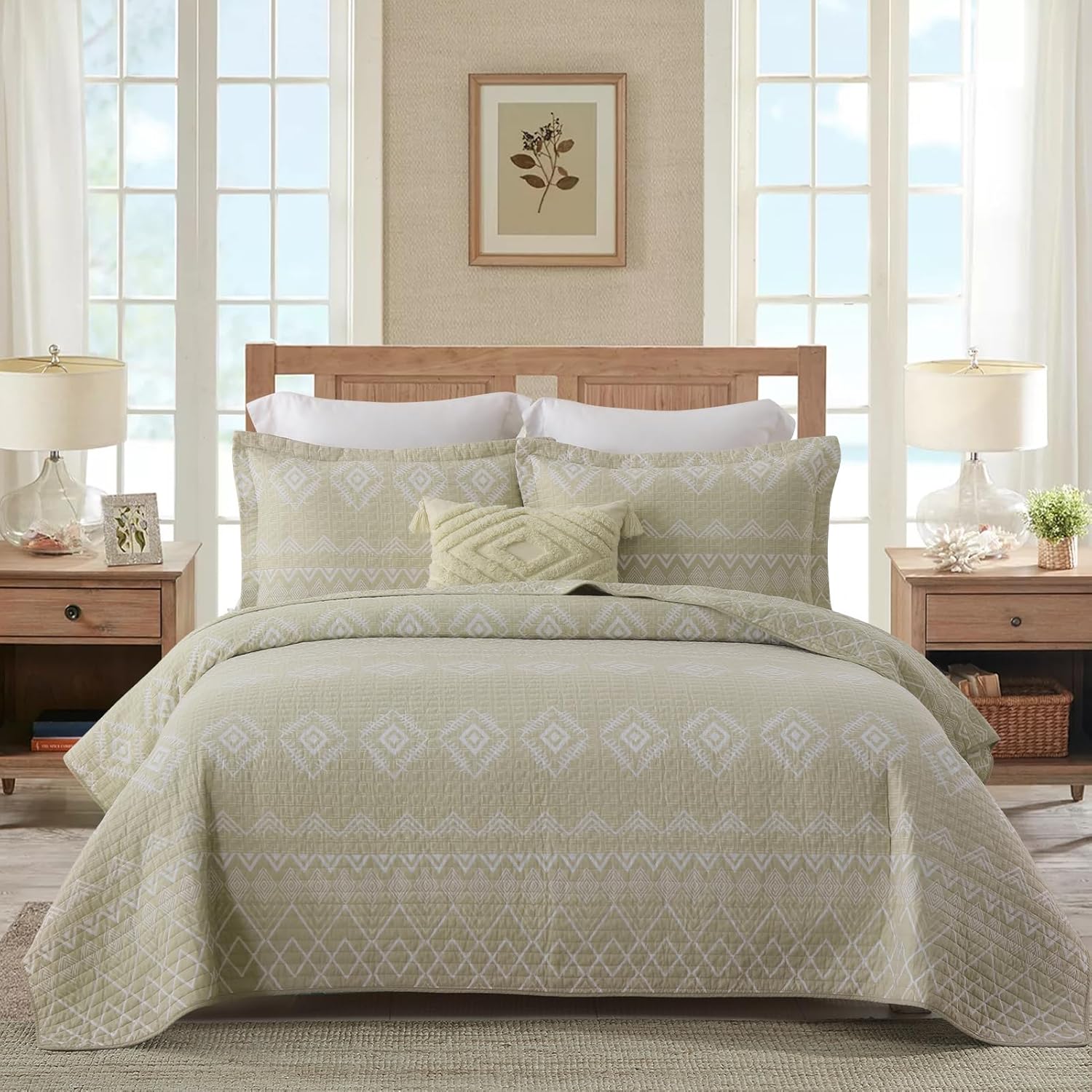 Juego de edredón bohemio tamaño King, 100% algodón, color beige, tamaño King, con 2 fundas de almohada, juego de cama ligero acolchado geométrico