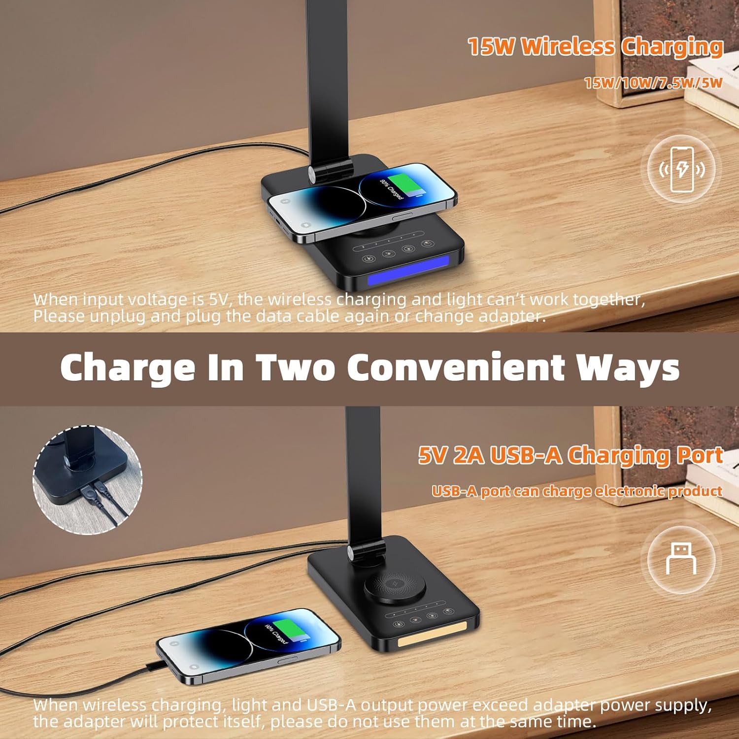 GTIMLMC Desk Lamp with Wireless Charger, LED Table Lamps for Home Office, USB Charging Port, Blue and Warm Bedside Night Light, Touch Dimmable,