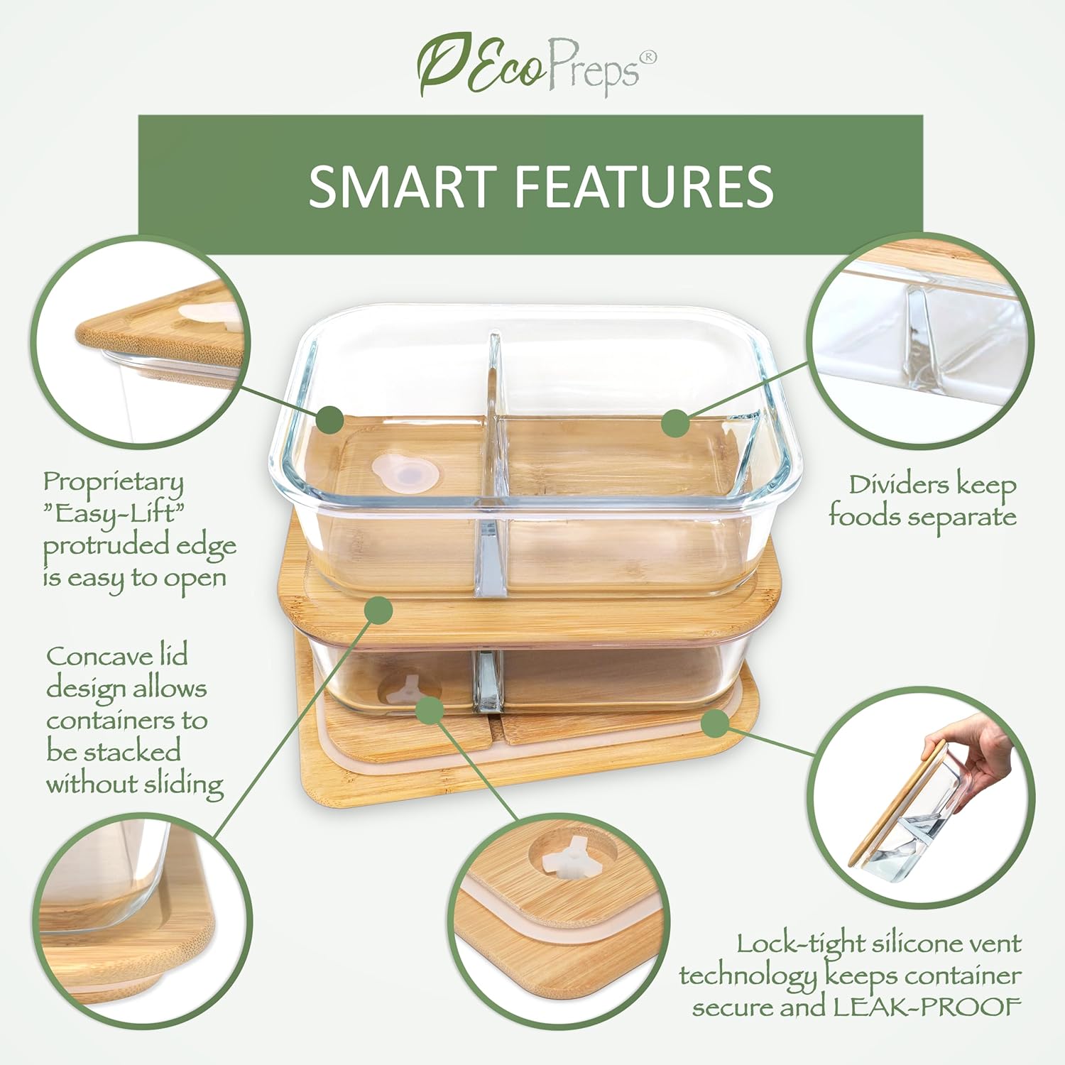 EcoPreps Contenedores grandes de vidrio Bento con tapas de bambú, 3 compartimentos de vidrio para preparación de comidas (paquete de 2, XL 100%