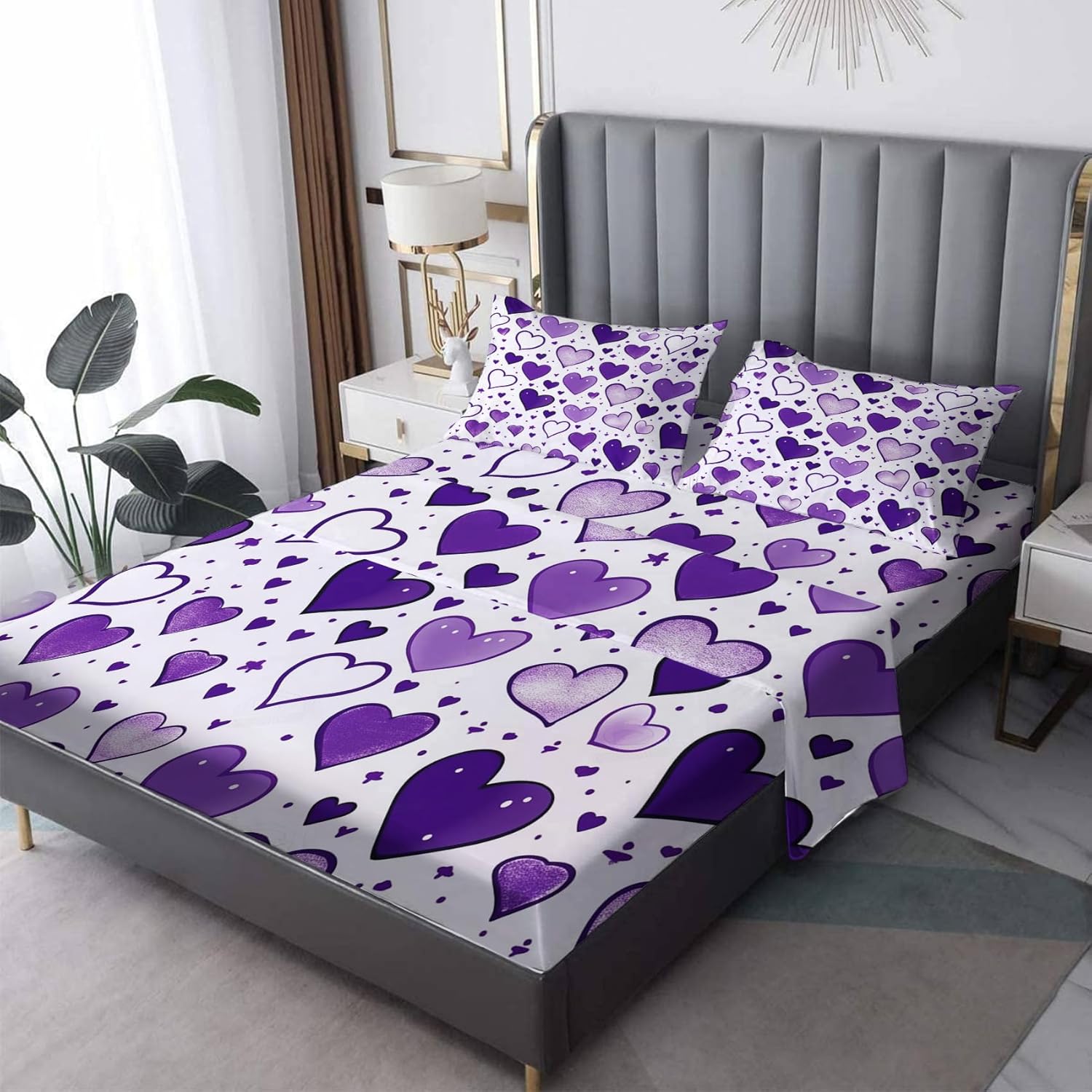 zcsm Juego de sábanas de tamaño King con diseño de corazón, sábanas de microfibra suave y bolsillo profundo, sábanas y fundas de almohada estampadas