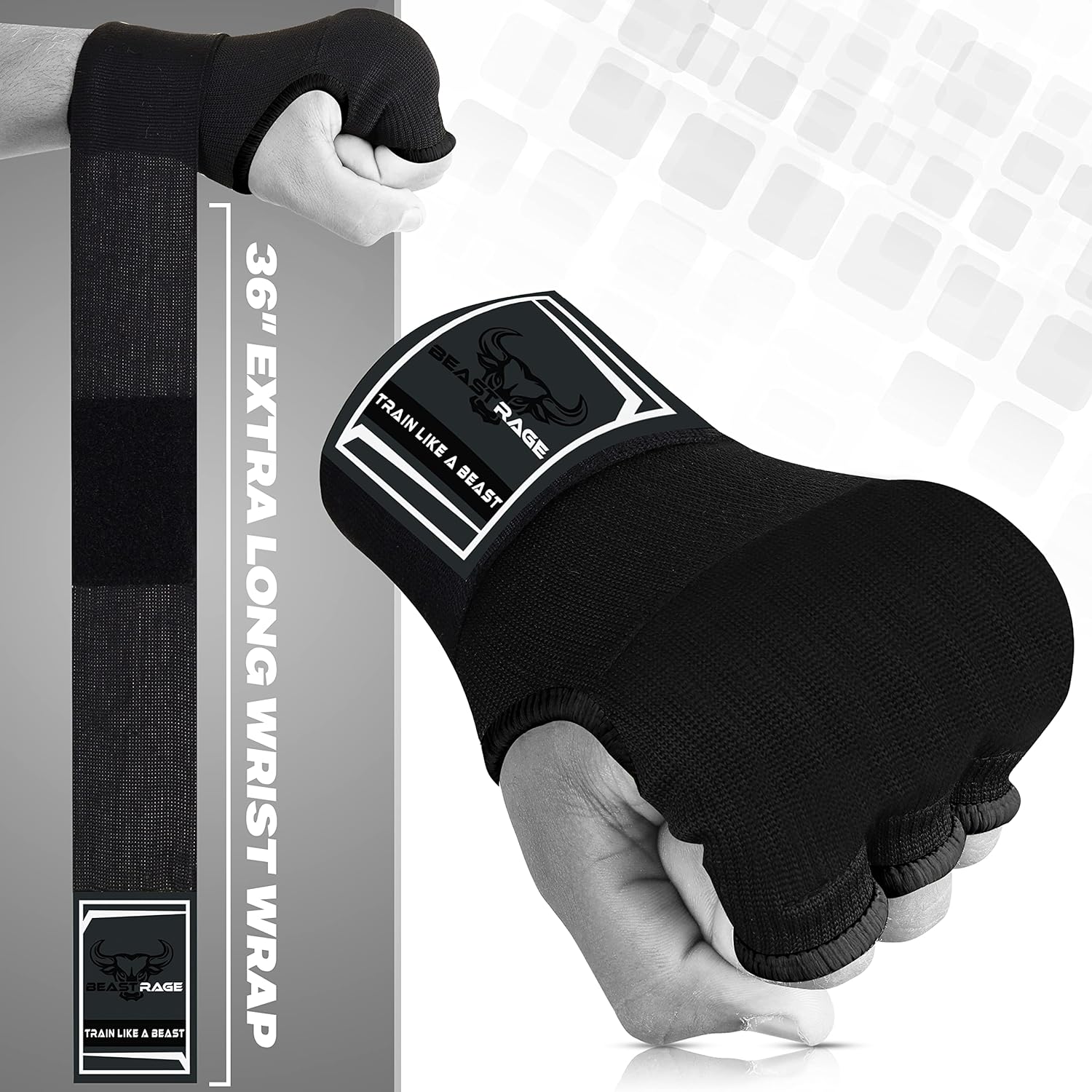 BEAST RAGE Guantes interiores con envolturas de mano, envoltura rápida, largo de 36 pulgadas, soporte de muñeca de MMA, vendajes Muay Thai,