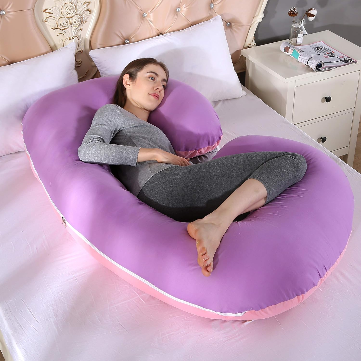 KFUN Almohada de embarazo de cuerpo completo, almohada de maternidad en forma de C para mujeres embarazadas, funda desmontable, soporte para