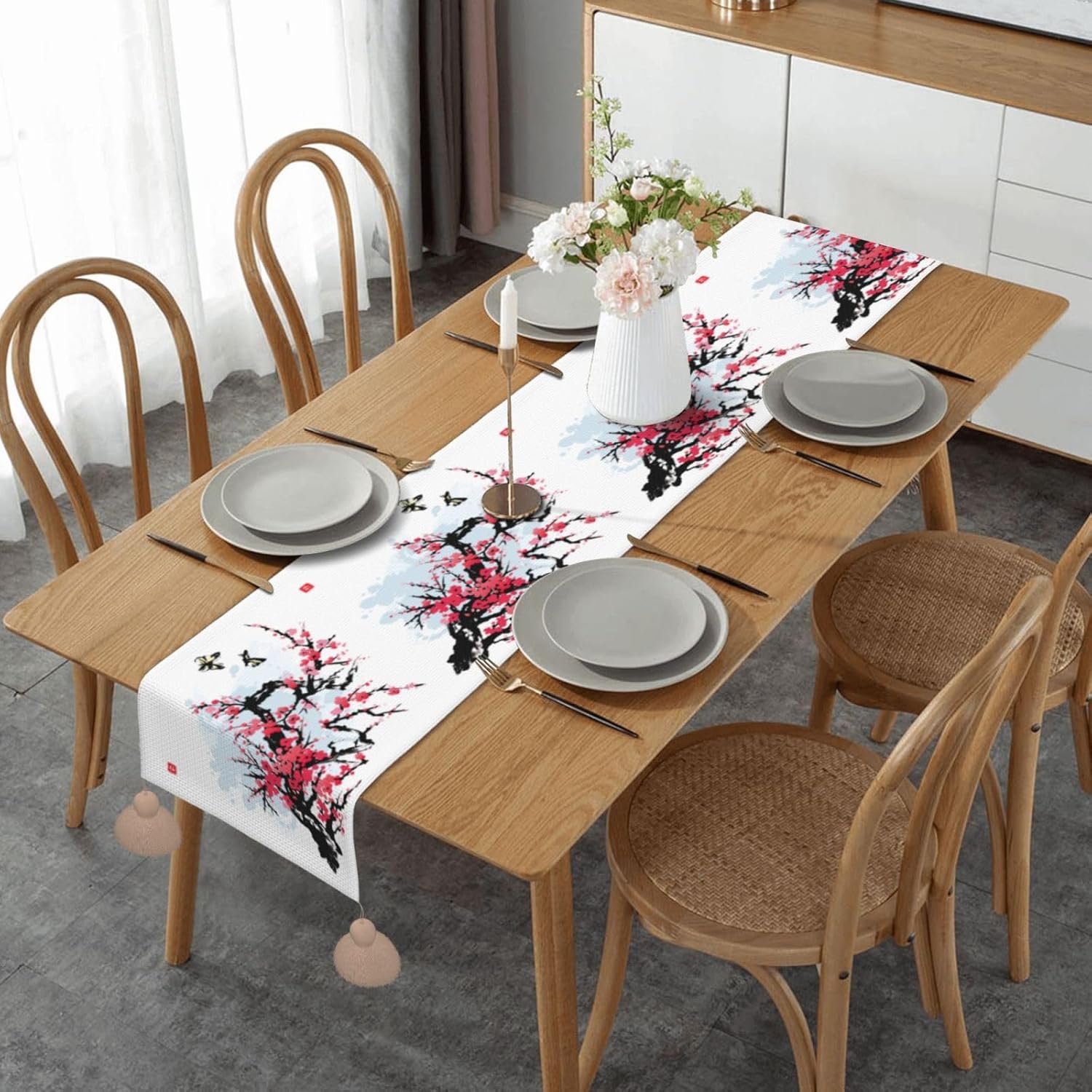 Camino de mesa de Navidad con ramas de cerezo, decoración de mesa de comedor, decoración de Navidad, decoración de interiores del hogar, caminos de