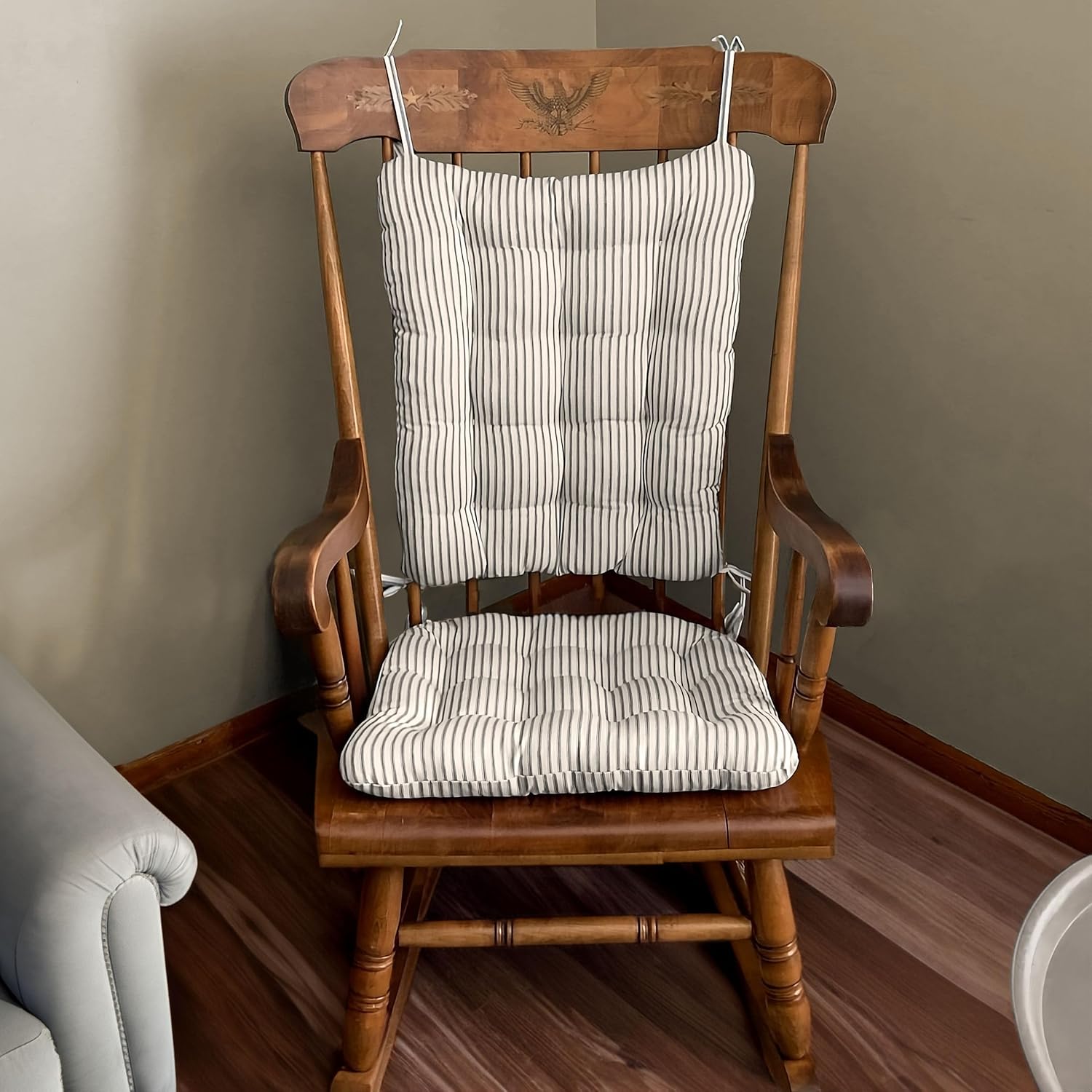 Barnett Home Decor Ticking Stripe – Juego de cojines para silla mecedora color negro, estándar, almohadilla de asiento y respaldo con lazos,