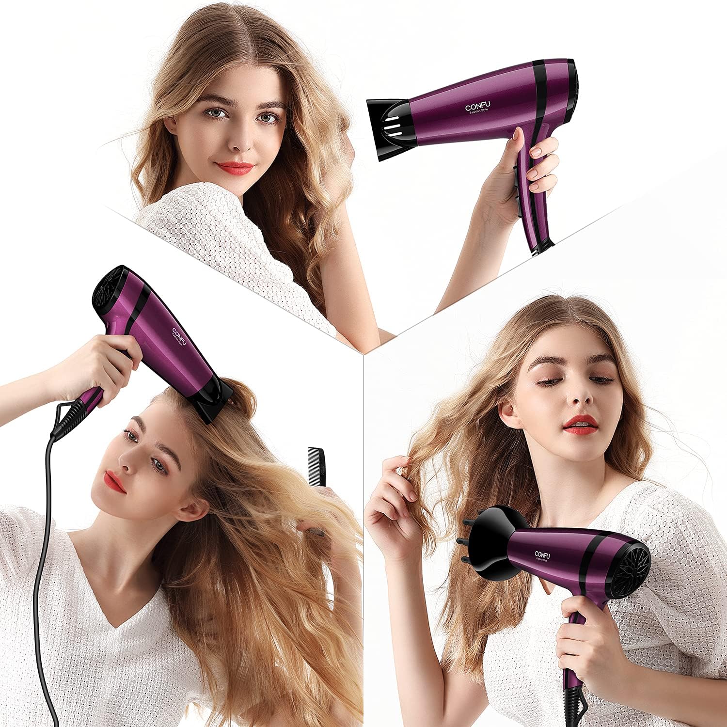 CONFU – Secador de pelo de 1875 W de secado rápido iónico de bajo ruido con 2 velocidades 3 de ajuste de calor frío, boquilla difusora, bolsa de