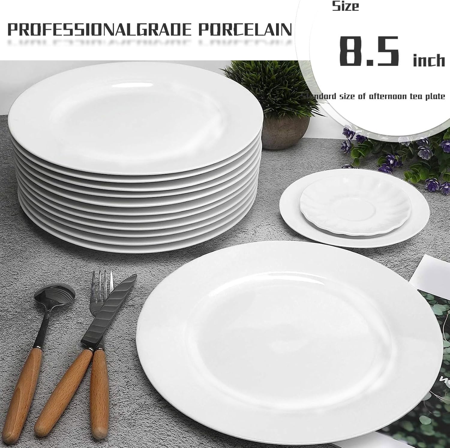 Tienda – Juego de platos llanos blancos de 8 piezas, triple capa resistente al vidrio y al astillado, platos redondos ligeros, plato de postre,
