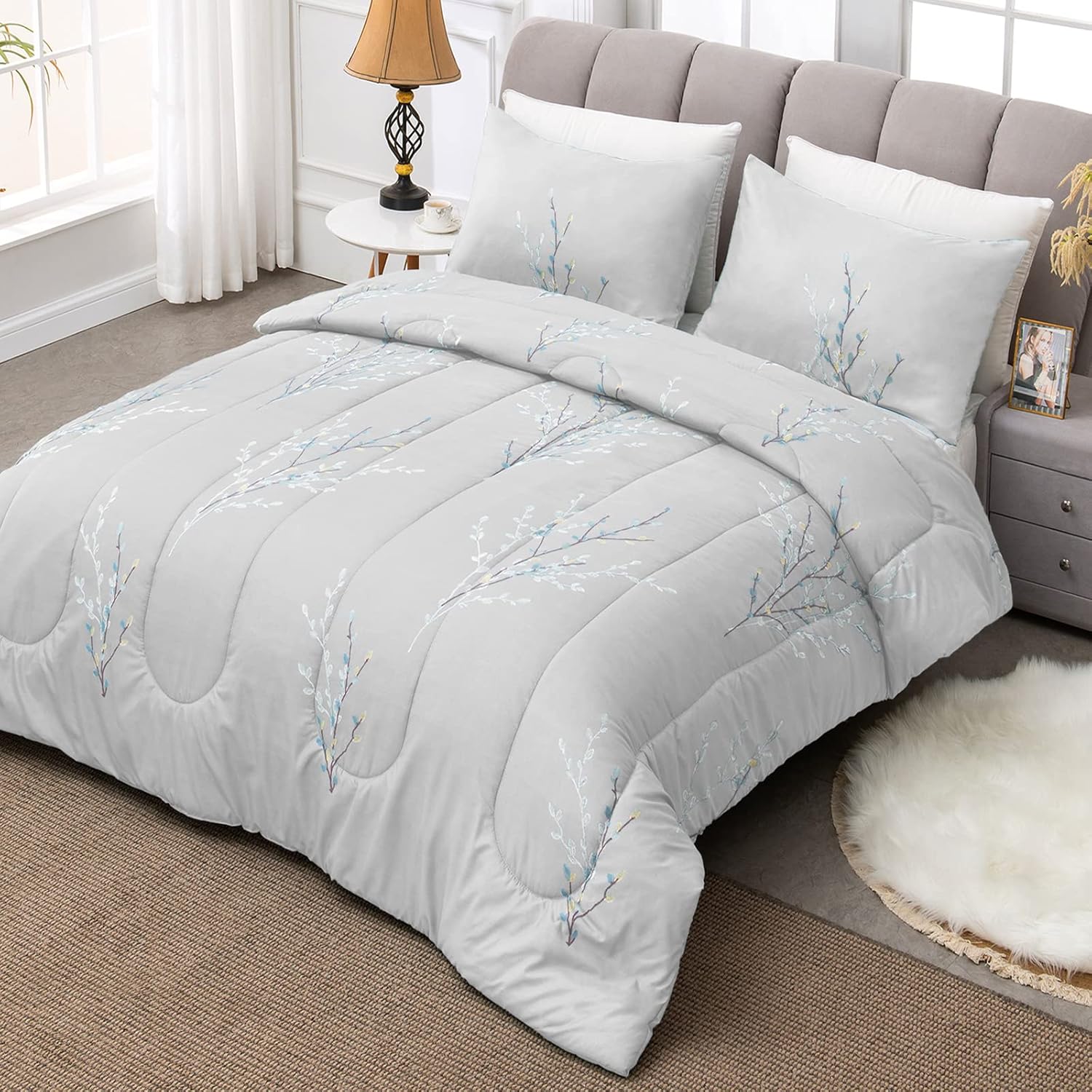 Exclusivo Mezcla Juego de edredón de 3 piezas, edredón alternativo de microfibra para todas las estaciones con 2 fundas de almohada, patrón floral,