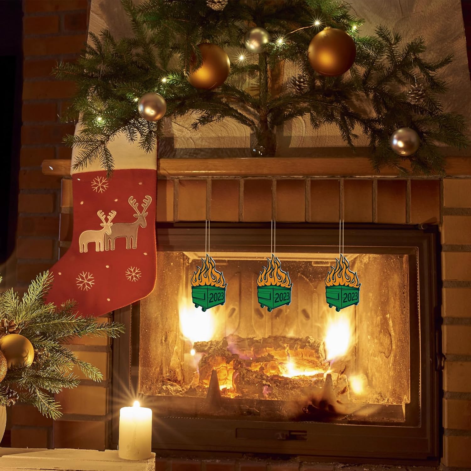9 piezas de adornos de basurero de Navidad para árbol de Navidad, decoraciones colgantes de doble cara de Navidad con cuerdas doradas