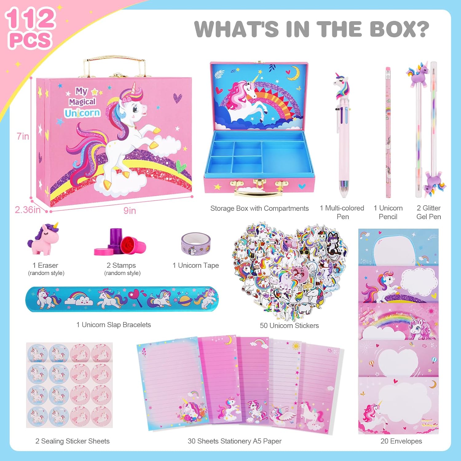 homicozy Juego de papelería de unicornio para niñas, regalos de unicornios para niñas de 5, 6, 7, 8, 9, 10 años, kit de manualidades de escritura de