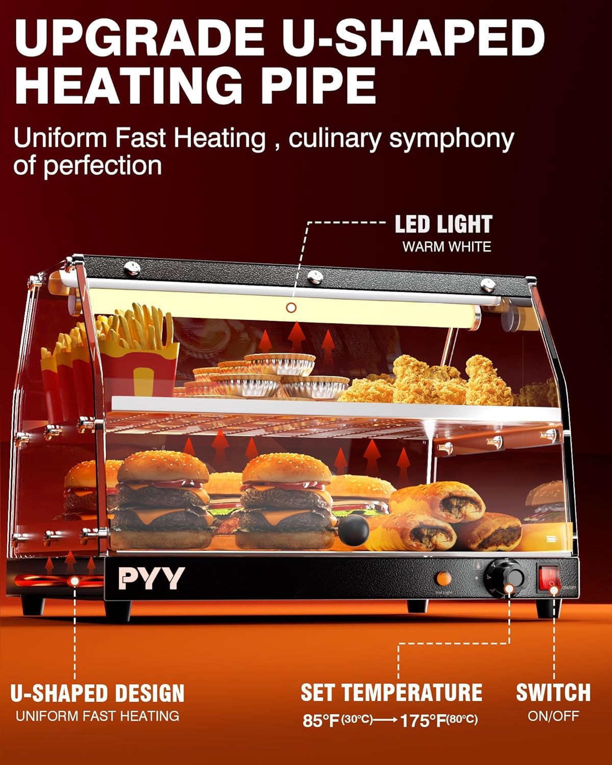 PYY Calentador de alimentos comercial para encimera, calentador de pizza, encimera de 2 niveles con iluminación LED, calentador de pantalla de