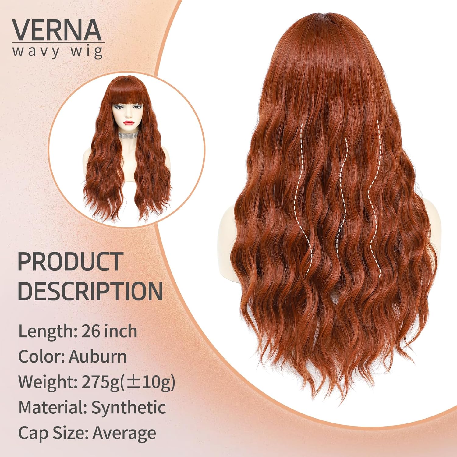 VERNA Peluca castaño rojizo con fleco, pelucas de 26 pulgadas de largo castaño rojizo para mujer, peluca de cabello castaño castaño de aspecto