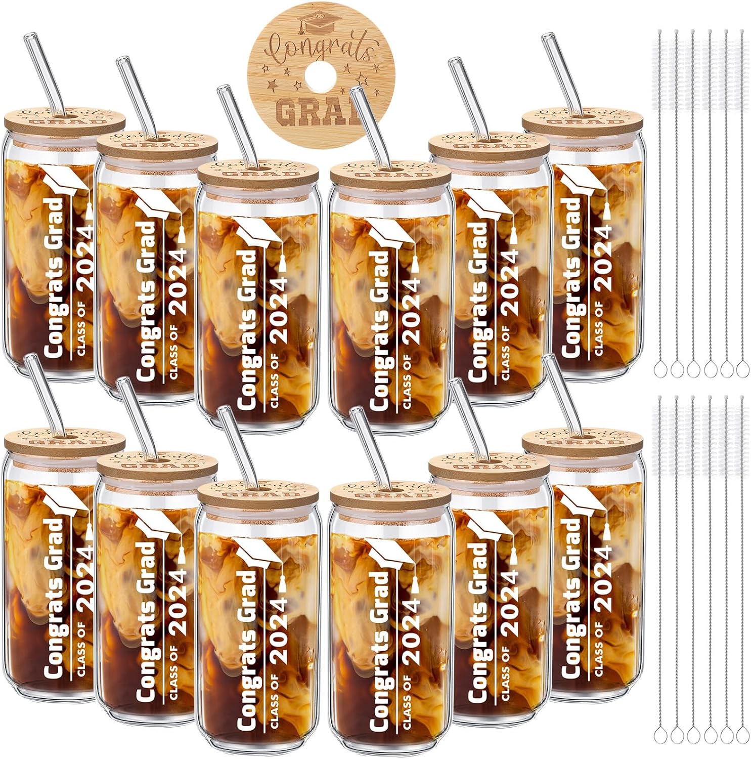 12 vasos de vidrio con tapas de bambú y popote de vidrio para ella y él, regalos de graduación de graduación de maestría universitaria, 16 onzas,