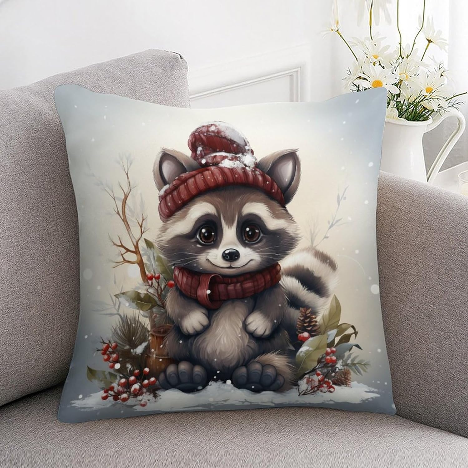 Fundas de almohada de satén con diseño de mapache de dibujos animados, Navidad, nieve, invierno, funda de almohada cuadrada de bosque natural con