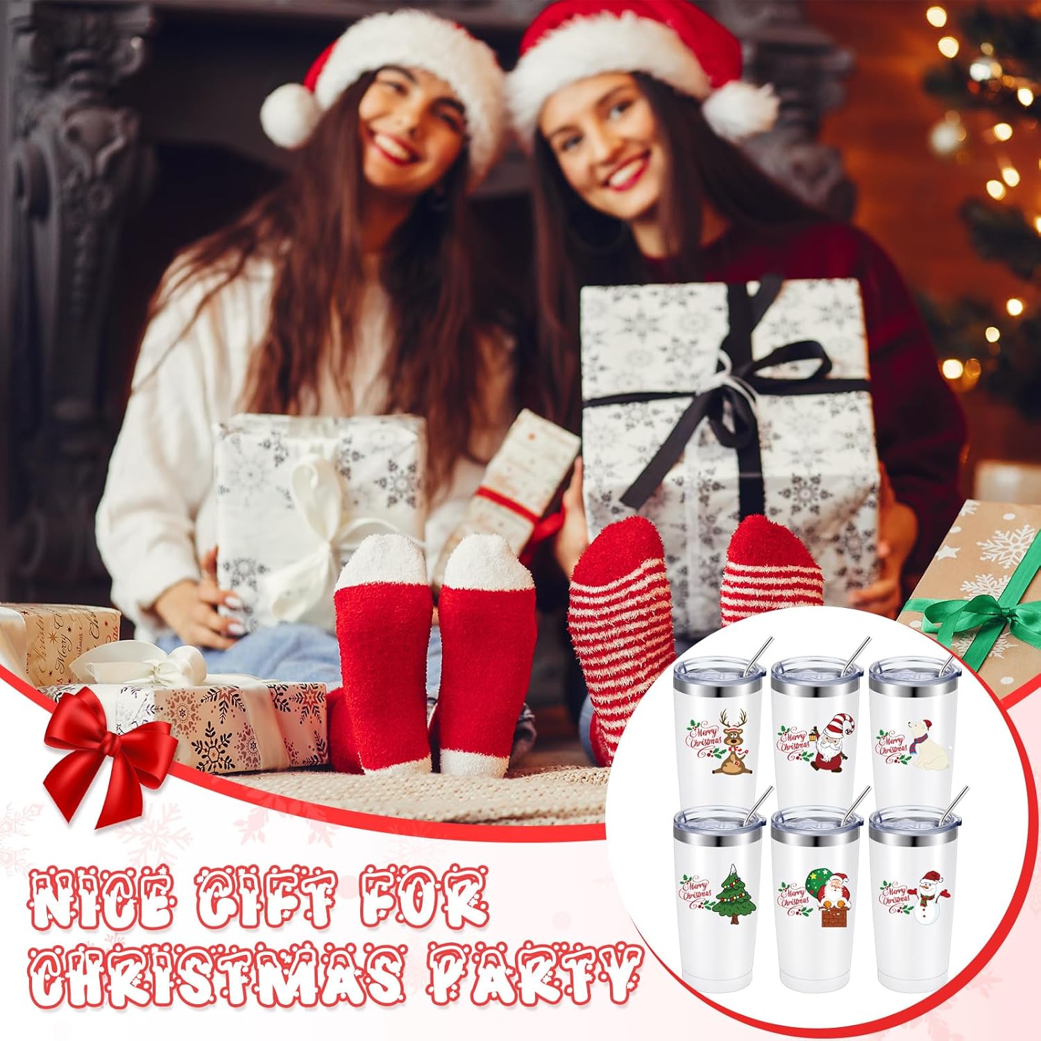 Suttmin Regalos de Navidad para empleados compañeros de trabajo, juego de 6 vasos de Navidad de 20 onzas, taza de Navidad aislada con tapas y