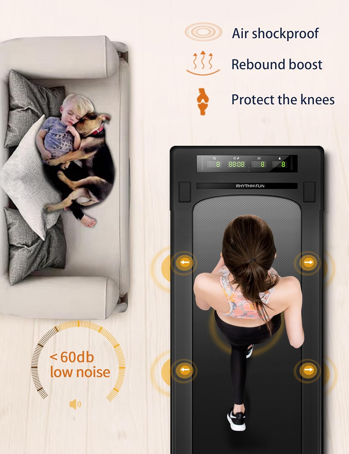 RHYTHM FUN Almohadilla para caminar, caminadora debajo del escritorio con cinturón ancho de 2.5 HP portátil para caminar debajo del escritorio para