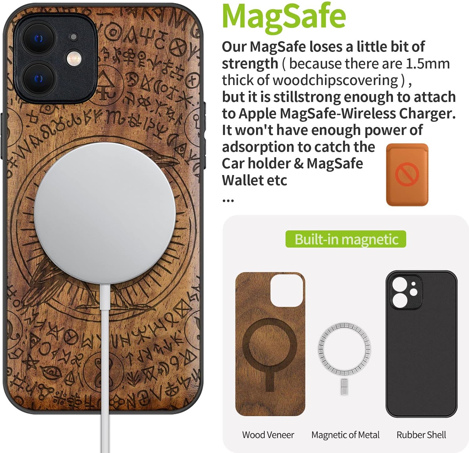 Carveit Funda magnética de madera para iPhone 12 madera natural y TPU suave negro a prueba de golpes, funda protectora única y elegante de madera