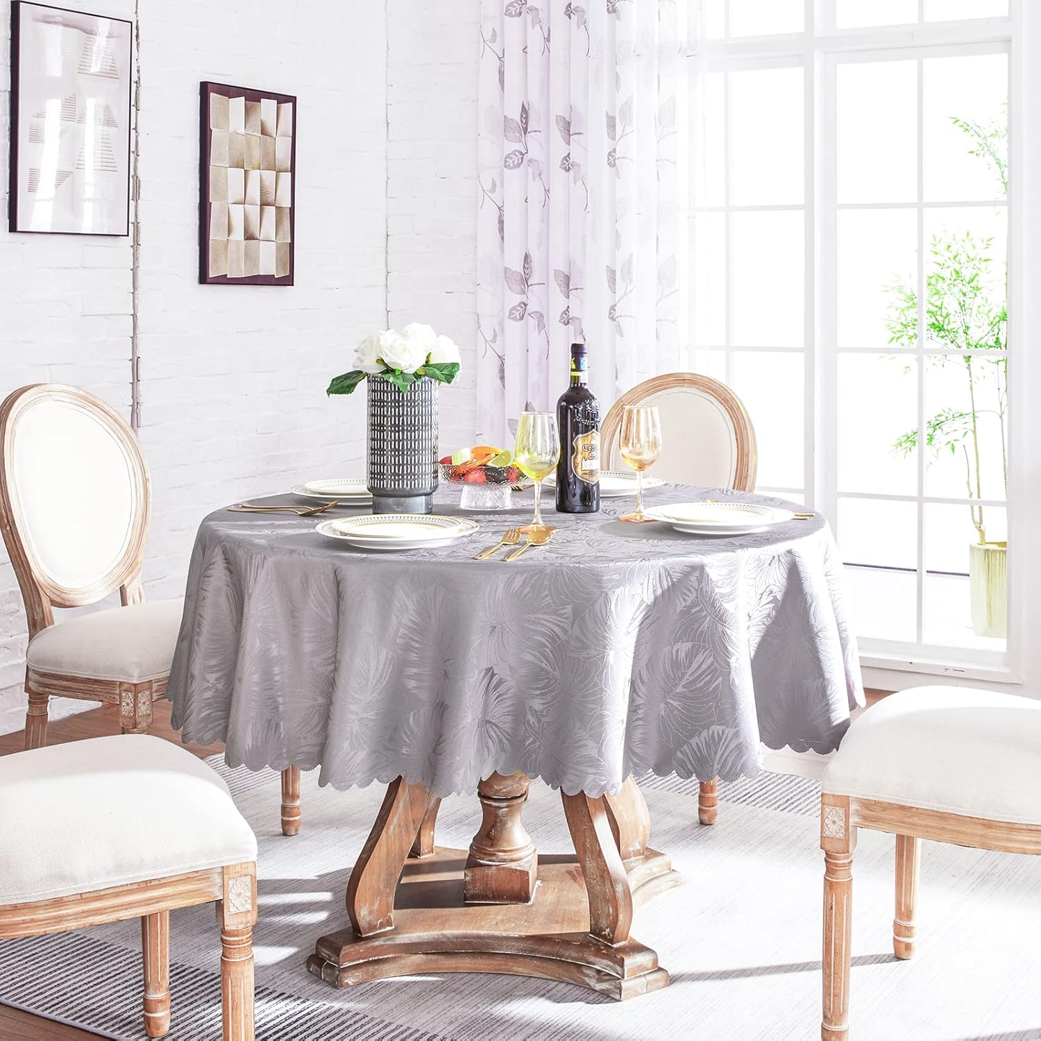 Mantel redondo de jacquard de 70 pulgadas, color gris, diseño de hojas, borde festoneado, suave, sedoso, impermeable, resistente a las arrugas,