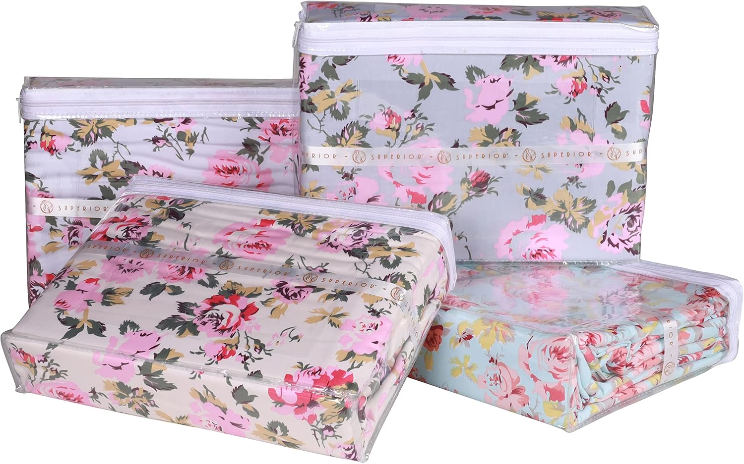 SUPERIOR Juego de funda de edredón de algodón de 300 hilos con fundas de almohada, duradero y transpirable, lavable a máquina, ropa de cama floral