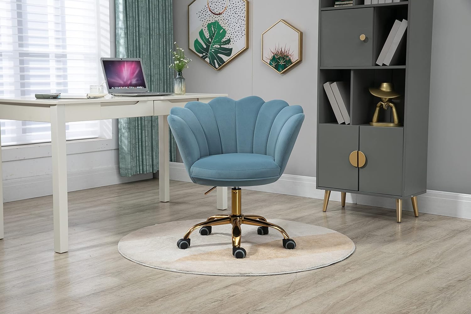 ZOBIDO Comfy – Silla de trabajo para la oficina en casa con ruedas, bonita y moderna tapizada de terciopelo con respaldo de concha, silla de