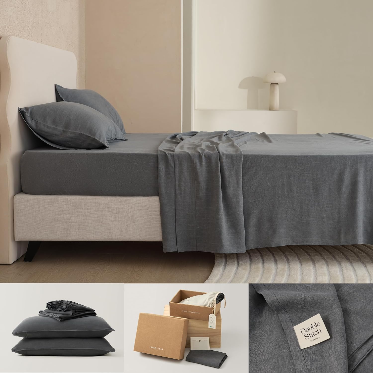 Double Stitch by Bedsure Juego de sábanas de lino Tencel, juego de sábanas transpirables tamaño King, juego de ropa de cama de lujo natural, regalo