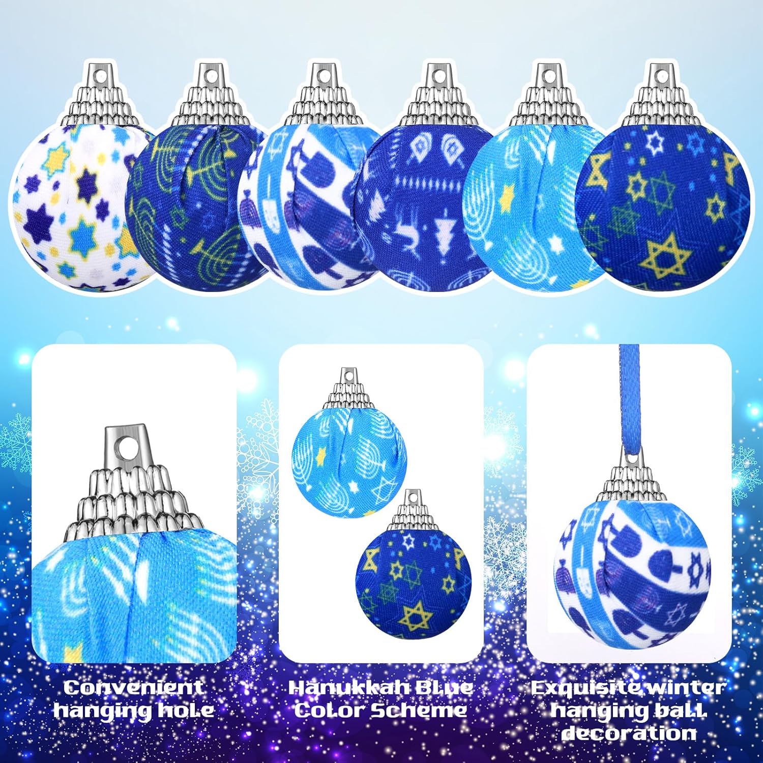 24 adornos de bola de Hanukkah, adornos de árbol de Hanukkah, adornos azules y blancos, decoración de árbol de Navidad para Hanukkah, fiesta de
