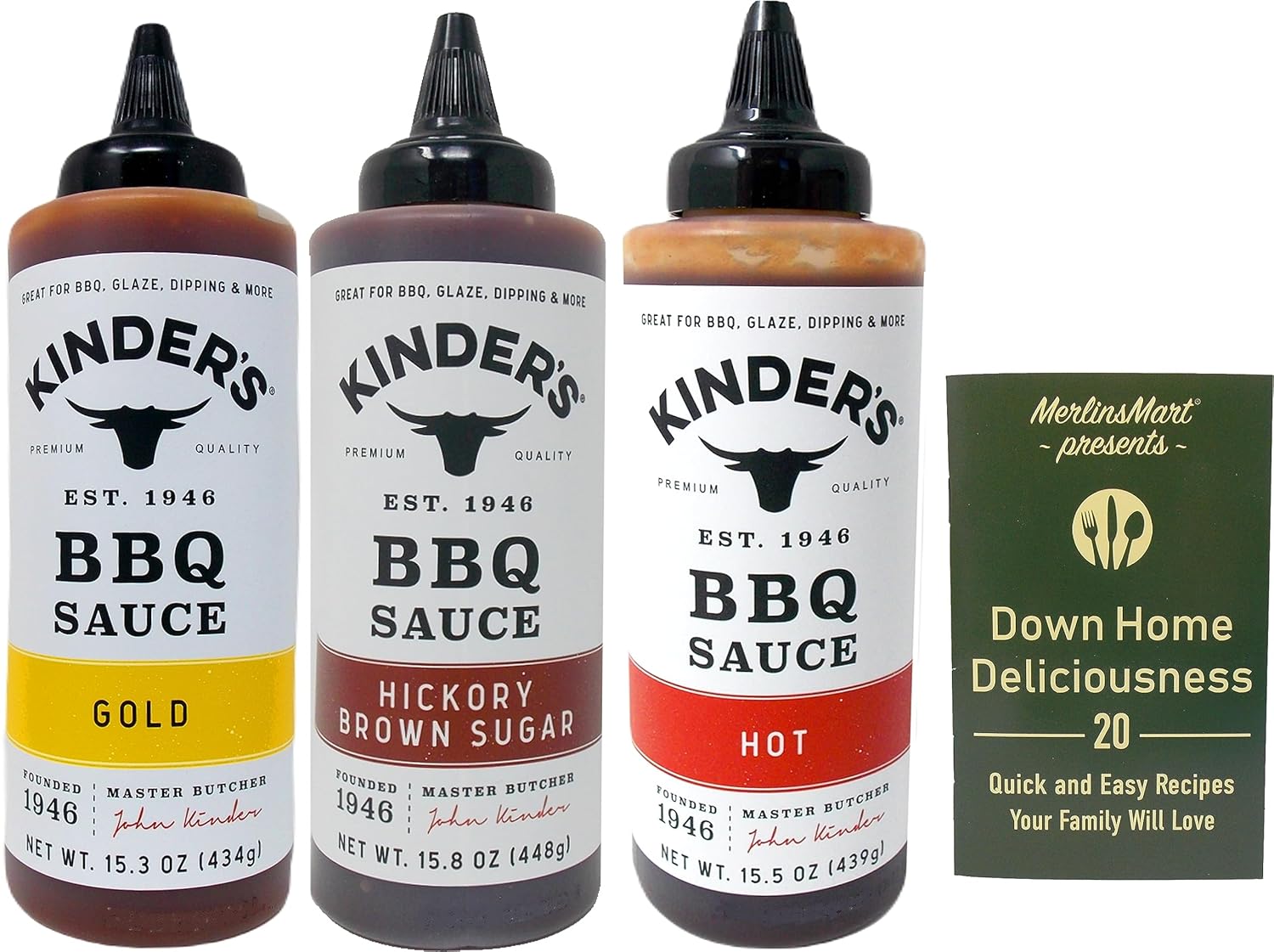 Kinder’s BBQ Sauce Variedad de 3 sabores  (1) cada uno oro, azúcar morena de nogal, caliente (15.3-15.8 onzas)  Paquete de folleto de recetas más