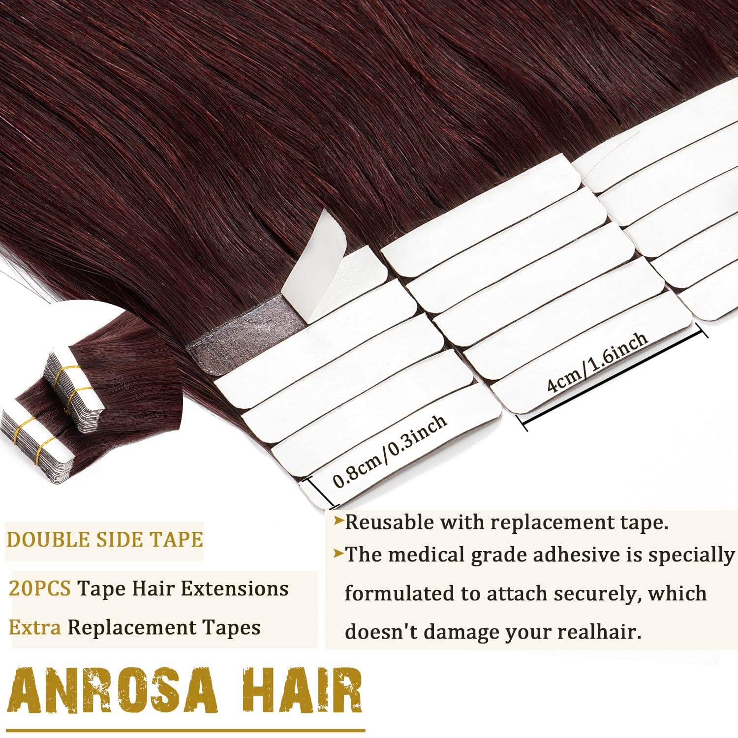 Anrosa Extensiones de cabello humano Remy sin costuras de 22 pulgadas, color #99J, color rojo vino burdeos, doble cara, 20 unidades, 1.76 onzas,