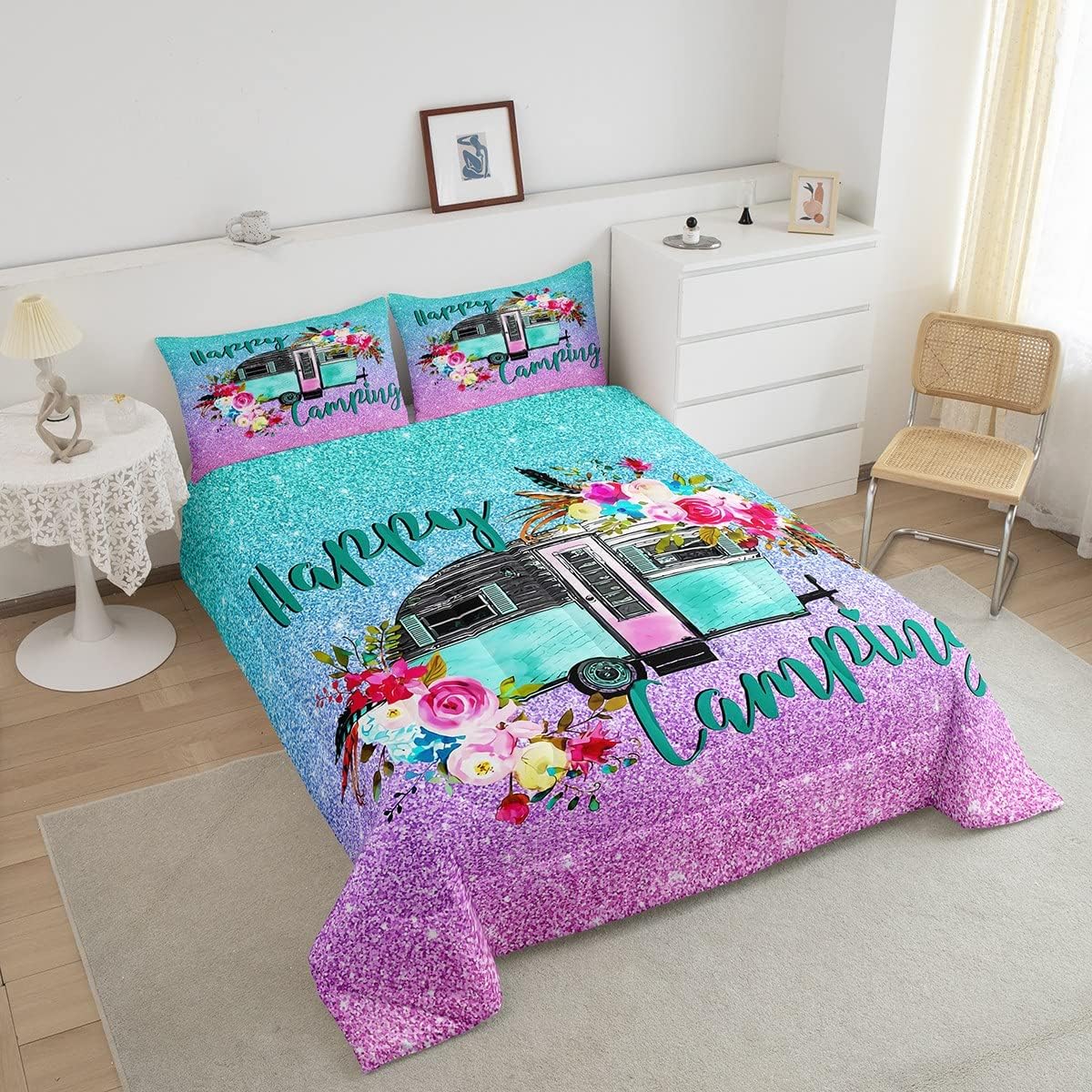 Edredón de cama para niños y niñas, juego de edredón de caricaturas para caravana, diseño de caricaturas, flores y lentejuelas en acuarela para