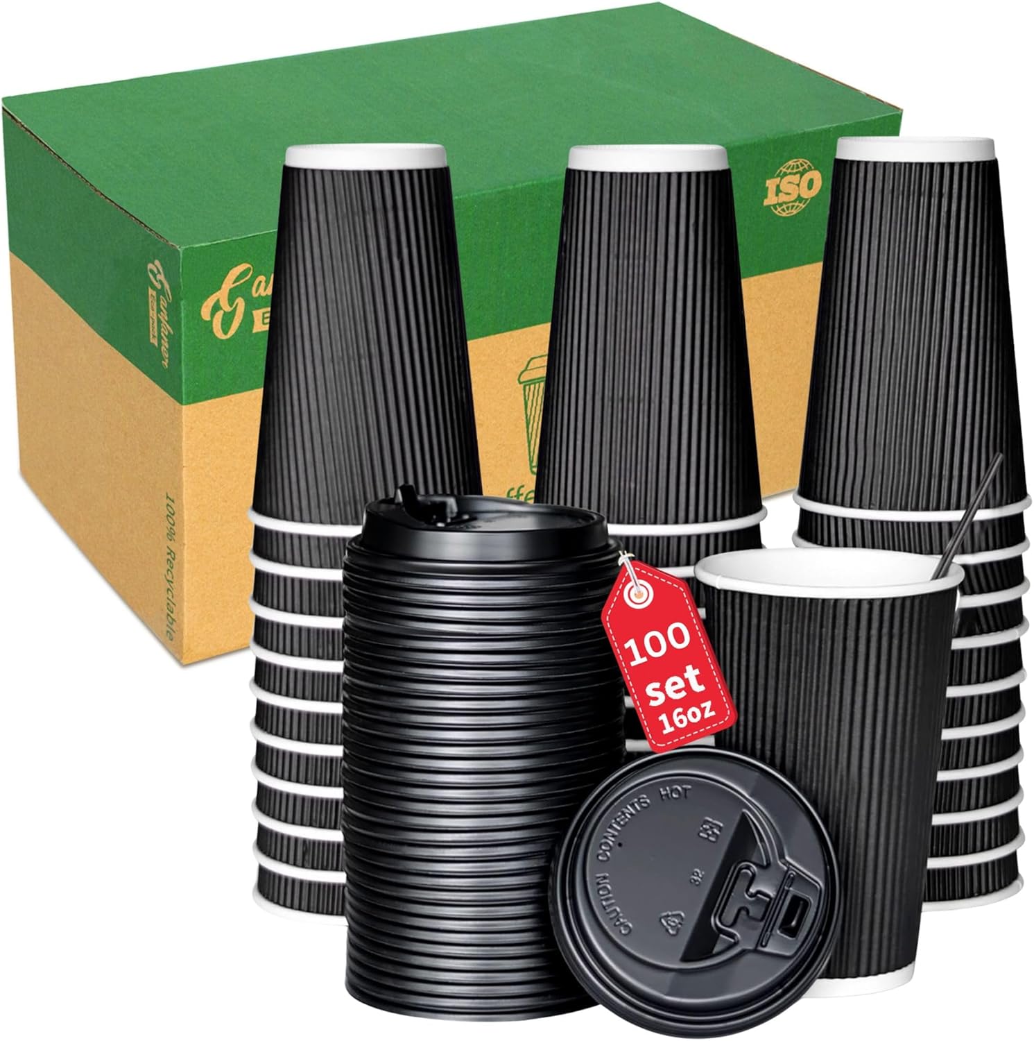 Tazas de café de papel desechables de 16 onzas con tapas, 100 unidades, tazas desechables aisladas con funda de doble pared, perfectas para bebidas