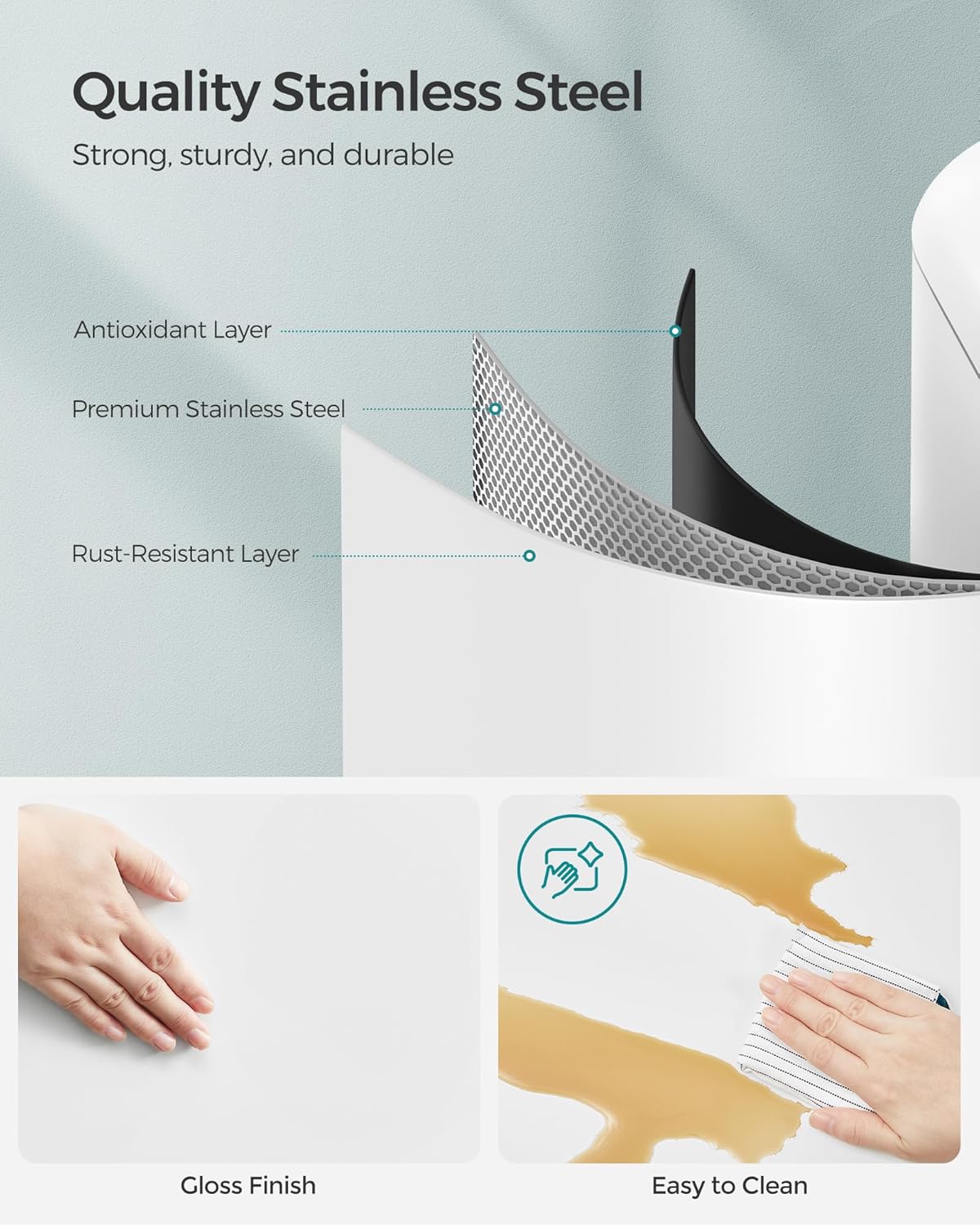 SONGMICS Bote de basura de 8 galones (30L) con tapa y cubo interior, cubo de basura de acero inoxidable, cierre suave, blanco ULTB01W30