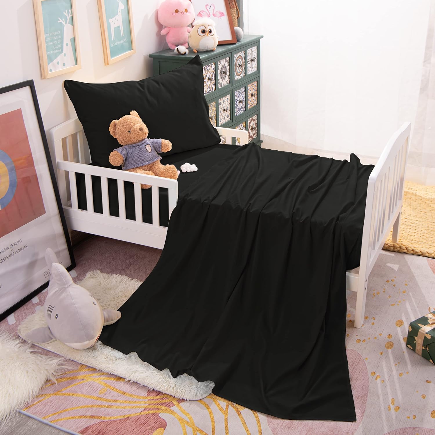 NTBAY Juego de sábanas de microfibra para cuna de 3 piezas para bebé, sábana encimera y funda de almohada, color negro