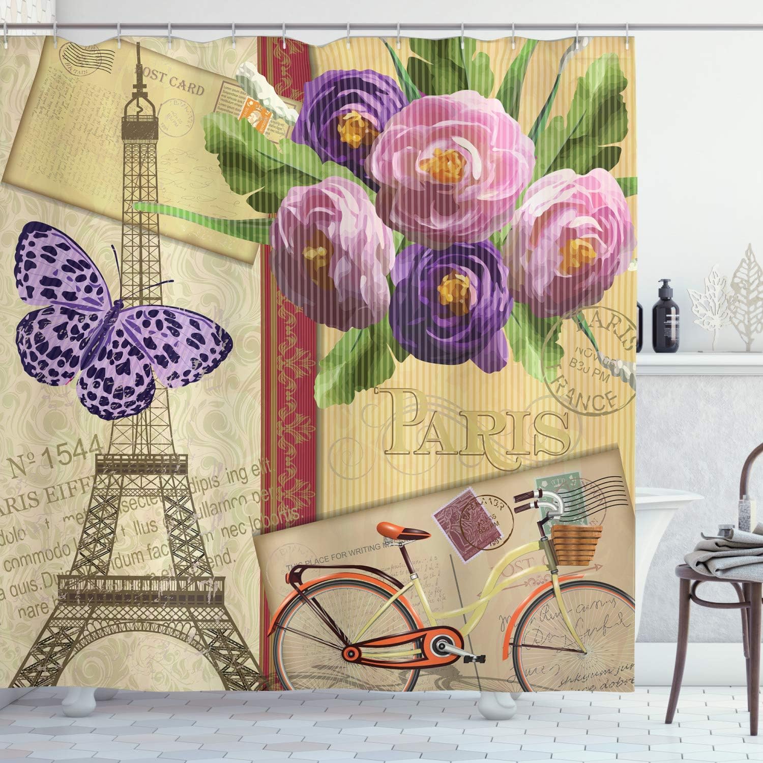 Ambesonne Cortina de ducha de París, famoso monumento francés de la Torre Eiffel con impresión abstracta de fondo a rayas, juego de decoración de