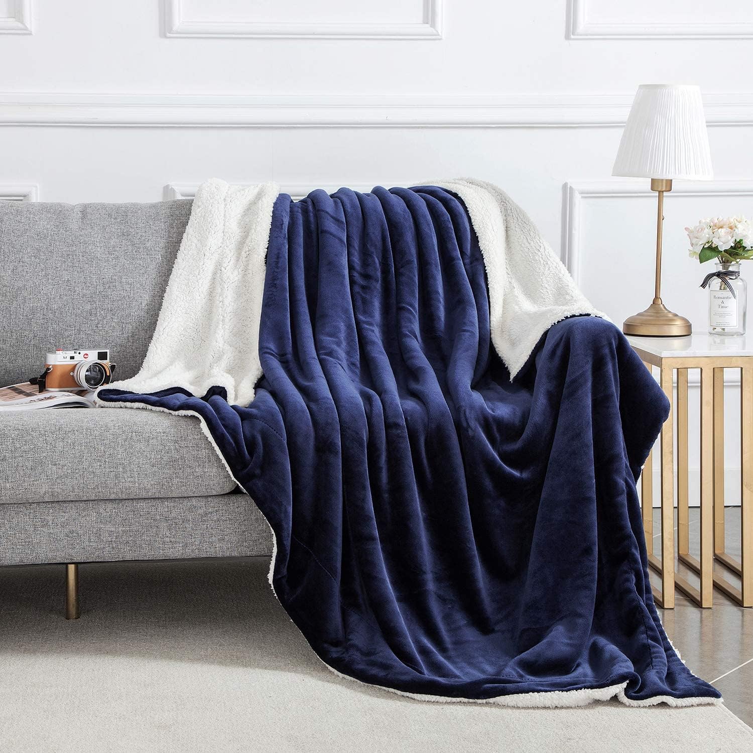IR Imperial Rooms Mantas Sherpa tamaño Queen  Mantas gruesas y cálidas para invierno, reversible, suave y esponjosa, tamaño Queen para cama, azul