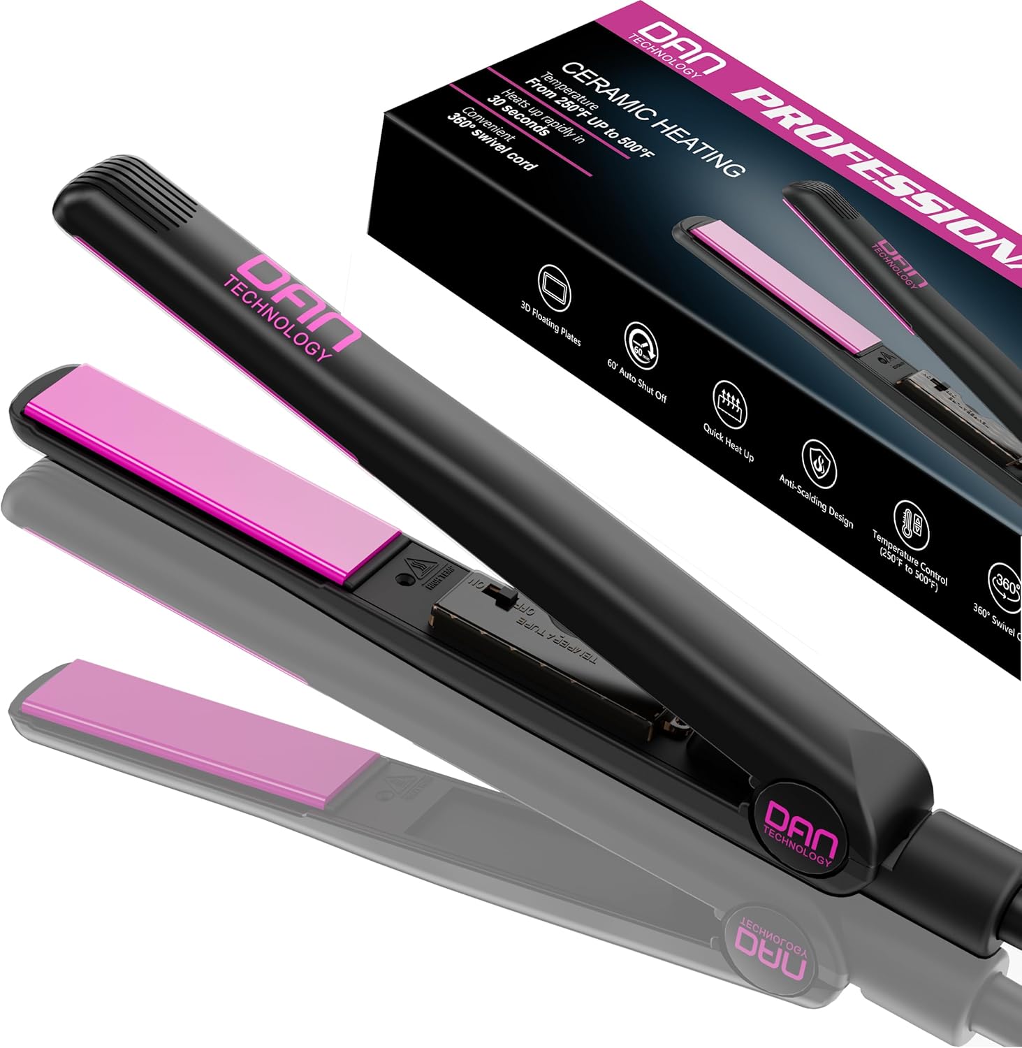 Dan Technology Plancha plana de 1 pulgada, plancha alisadora de cerámica, plancha plana de 500 grados, plancha plana de cabello de temperatura