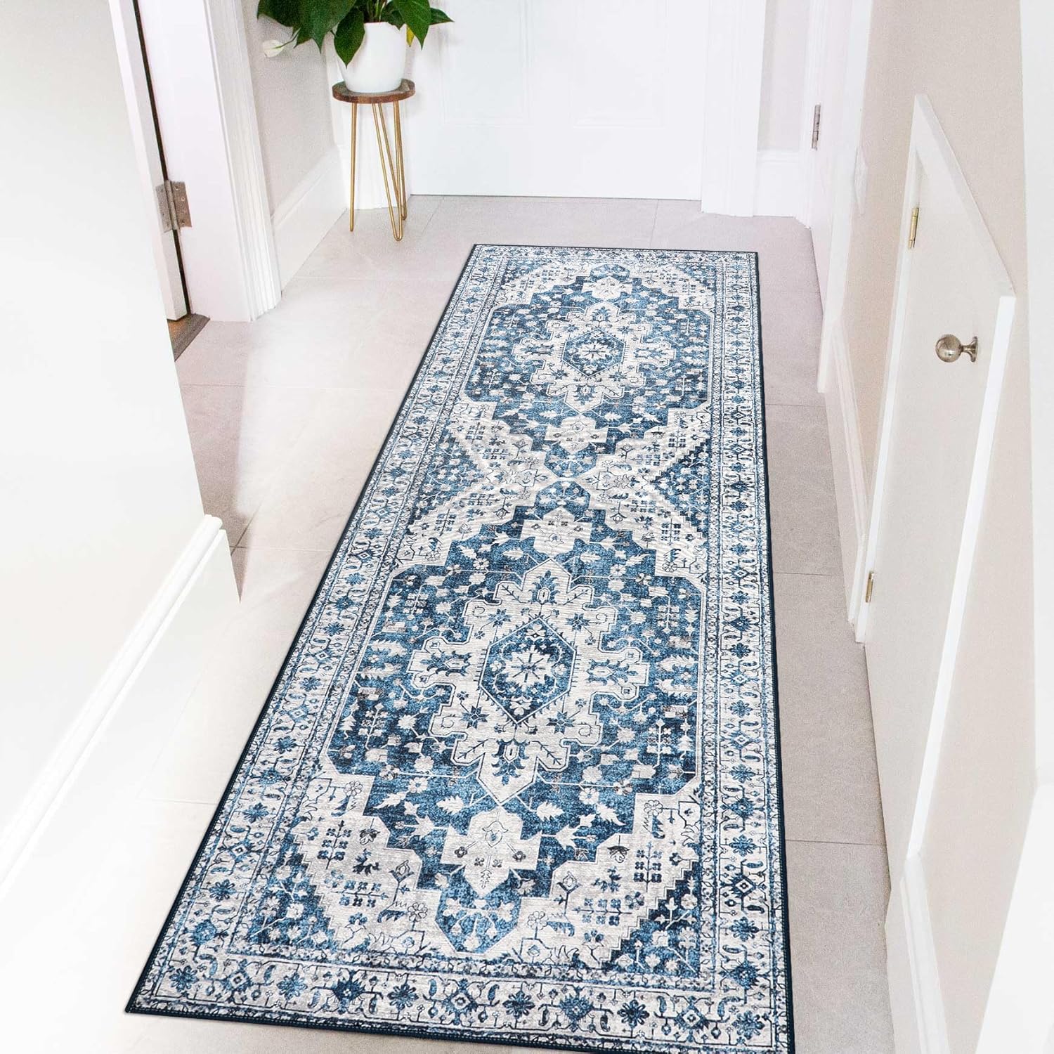 Moynesa Alfombra de pasillo lavable ultrafina  2 x 6 pulgadas, color azul, alfombra lavable para cocina, baño, alfombra de pasillo con estampado