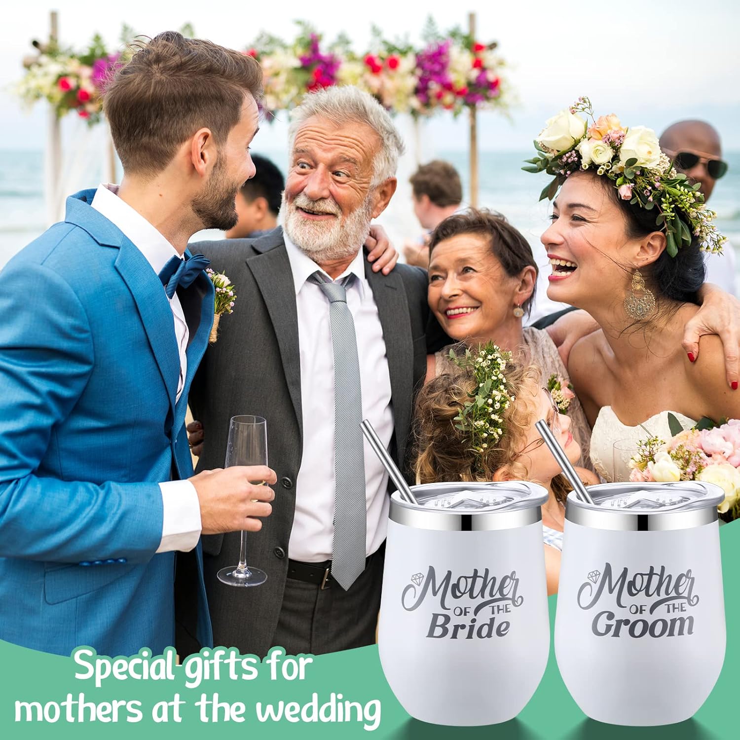 Roshtia 2 vasos grabados de acero inoxidable para madre del novio, taza de café aislada al vacío con tapas, popotes y cepillos para despedida de